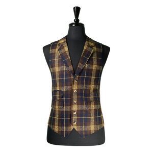 Mens 42R Wool Vest Brown Blue Yellow Plaid Waistcoat Preppy Casual Formal Party